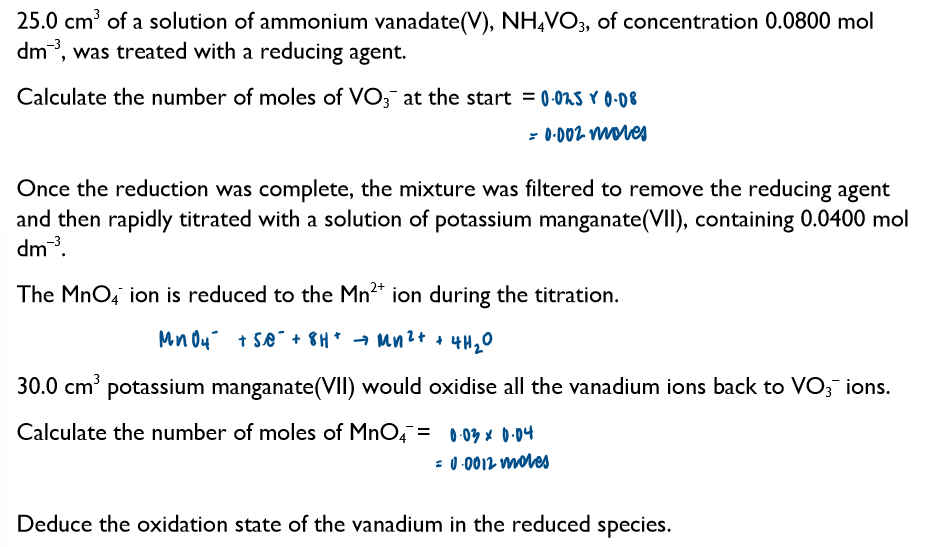 <p>Using redox titrations to work out the oxidation state of an element - Example 3:</p>