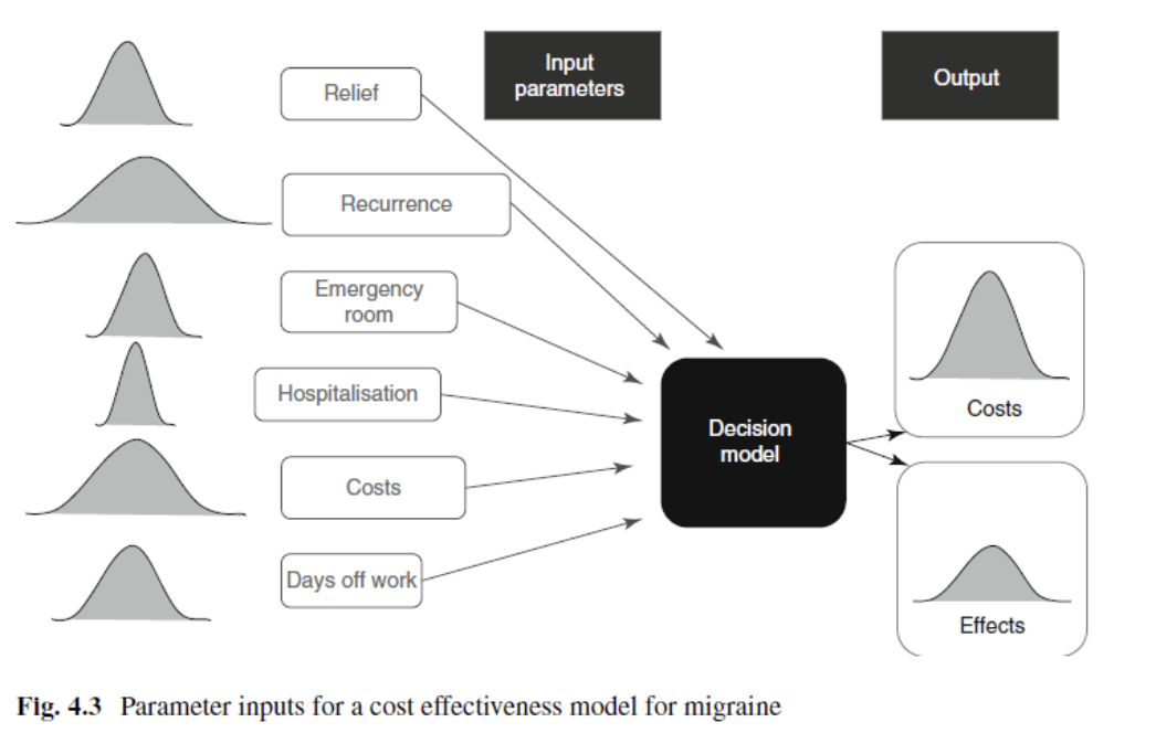 <ul><li><p>distributions assigned to all parameters and distribution from which we pick from</p></li><li><p>draw values for each parameter</p></li><li><p>run’ the model thousands of time</p></li><li><p>each run gives you a new (expected) incremental cost and (expected) incremental effect</p></li></ul><p><strong>(run multiple times → scatter plot average)</strong></p>