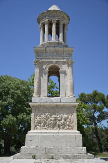 <ul><li><p><span style="background-color: transparent;">Beginning of reign of Augustus</span></p></li><li><p><span style="background-color: transparent;">Family that acquired Roman citizenship</span></p></li><li><p><span style="background-color: transparent;">Combines different forms of architecture– tholos/ peripteral colonnade on top with statue of deceased</span></p><ul><li><p><span style="background-color: transparent;">Cenotaph: monument of deceased, but doesn’t hold their remains</span></p></li><li><p><span style="background-color: transparent;">Quadifrons: contains 4 arches</span></p></li><li><p><span style="background-color: transparent;">Sarcophagus on bottom carved with reliefs of battles between Romans and barbarians&nbsp;</span></p><ul><li><p><span style="background-color: transparent;">Garlands and masks carved, indicates how expensive the monument is&nbsp;A monumental structure designed to commemorate the deceased, it features a combination of architectural styles, including a tholos topped with a peripteral colonnade and adorned with sculptures, serving both as a tomb and a cenotaph. </span></p></li></ul></li></ul></li></ul><p></p>