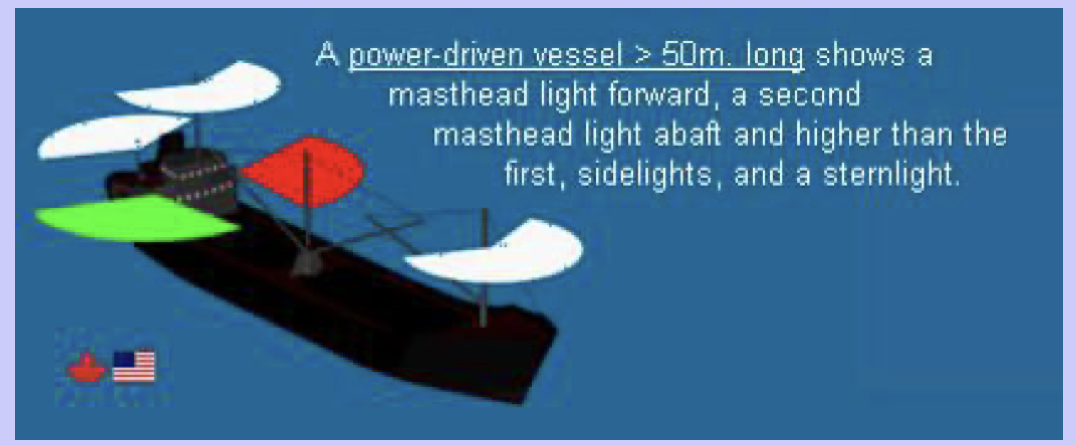 <p>More than 50m in length shows a Masthead light forward, a second light abaft, and hight than the first, sidelights, and stern light </p>