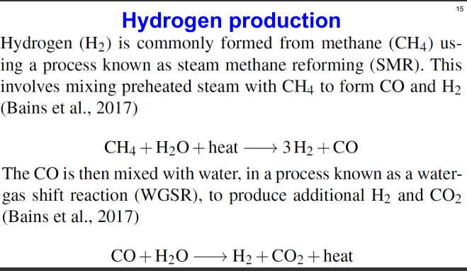 <p>Hydrogen is commonly formed from methane using a process known as steam methane reforming. This involves mixing preheated steam with CH4 to form CO and H2. The CO is then mixed with water, in a process known as a water gas shift reaction to produce additional H2 and CO2</p>