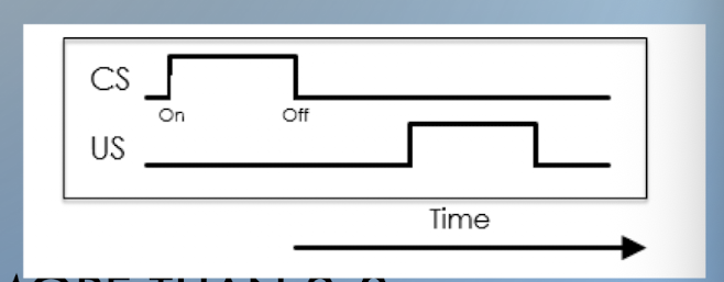 <ul><li><p>CS comes first, short gap, then the US </p><ul><li><p>no overlap </p></li></ul></li><li><p>e.g. bell rings → short pause → food presented </p></li></ul><p></p>