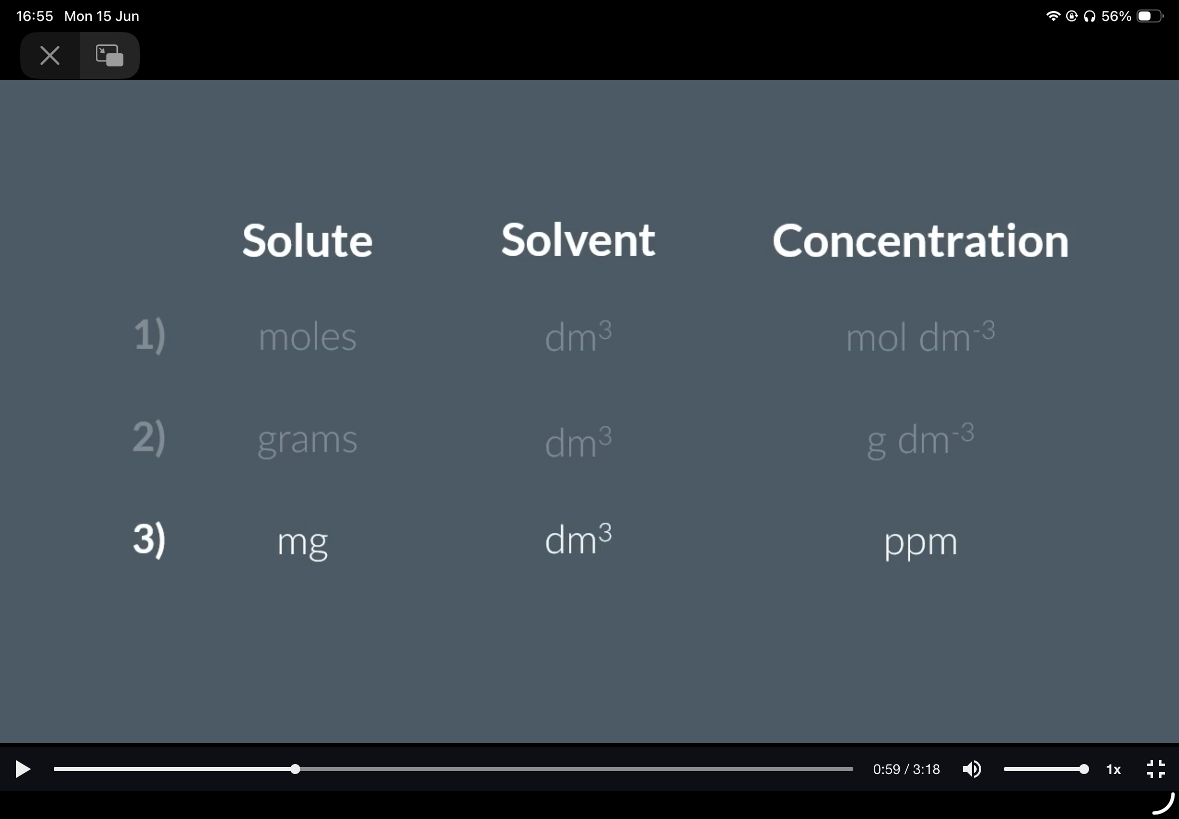 <p><span><strong><span>Parts per Million</span></strong></span></p><ul><li><p>Conc= amount of solute/ amount of solvent</p></li></ul><ul><li><p><span><span>Images contain important info you need to learn. Ppm is mg/dm*-3</span></span></p><ol><li><p><span style="font-size: var(--ck-content-font-size);"><span>15mg of ethanol is dissolved in 1.65dm3 of water. What’s the concentration of the solution in parts per million?</span><span><br></span><span>Give your answer to two significant figures.</span></span></p></li><li><p><span><span>What is the mass in mg of a solute that has a mass of 0.0082grams?</span></span></p></li><li><p><span><span>A solute has a mass of 0.32g and is added to a solvent with a volume of 1.28dm3. What is the concentration of the solution in parts per million?</span></span></p></li></ol></li></ul><ol start="4"><li><p><span style="font-size: var(--ck-content-font-size);"><span>When reporting concentration in parts per million, the amount of solute is reported in …4?and the amount of solvent is measured in …5?.</span></span></p><ol start="6"><li><p><span style="font-size: var(--ck-content-font-size);"><span>A solution of sodium nitrate, NaNO3, has a concentration of 221 parts per million. Calculate the mass in mg of sodium nitrate present in 85.0cm3 of the solution?</span><span><br></span><span>Give your answer to a suitable degree of accuracy</span></span></p></li><li><p><span style="font-size: var(--ck-content-font-size);"><span>A 20.0cm3 sample of blood contains 1.08×10−7moles of iron (Ar=55.8). Express the concentration of iron in parts per million.</span><span><br></span><span>Give your answer to 3 significant figures</span></span></p></li></ol></li></ol><p></p><p></p>