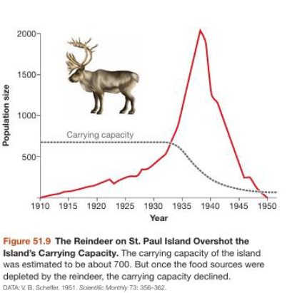 <p>Why Do Some Populations Crash?</p><ul><li><p>Crash: Population declining to <strong>extinction </strong>or near <strong>extinction</strong></p></li><li><p>This happens when populations overshoot <strong>carrying capacity </strong></p></li><li><p>Overexploitation: <strong>Environment has degraded due to populations overshooting capacity, and the carrying capacity lowers</strong></p><ul><li><p>Ex. Animals overshooting the carrying capacity, overeating the plant life, and lowering the carrying capacity of the environment</p></li></ul></li></ul><p></p>