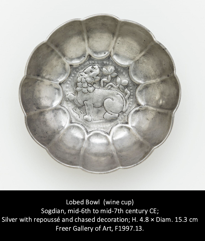 <ul><li><p>Hejia Village Hoard (Tang Dynasty)</p></li><li><p><span style="background-color: transparent;">Technique similar to Sassanian metal work</span></p></li><li><p><span style="background-color: transparent;">Similar designs to the Sogdian bowl (wine cup)</span></p><ul><li><p><span style="background-color: transparent;">animal at the center, lobed pattern</span></p></li></ul></li></ul><p></p>