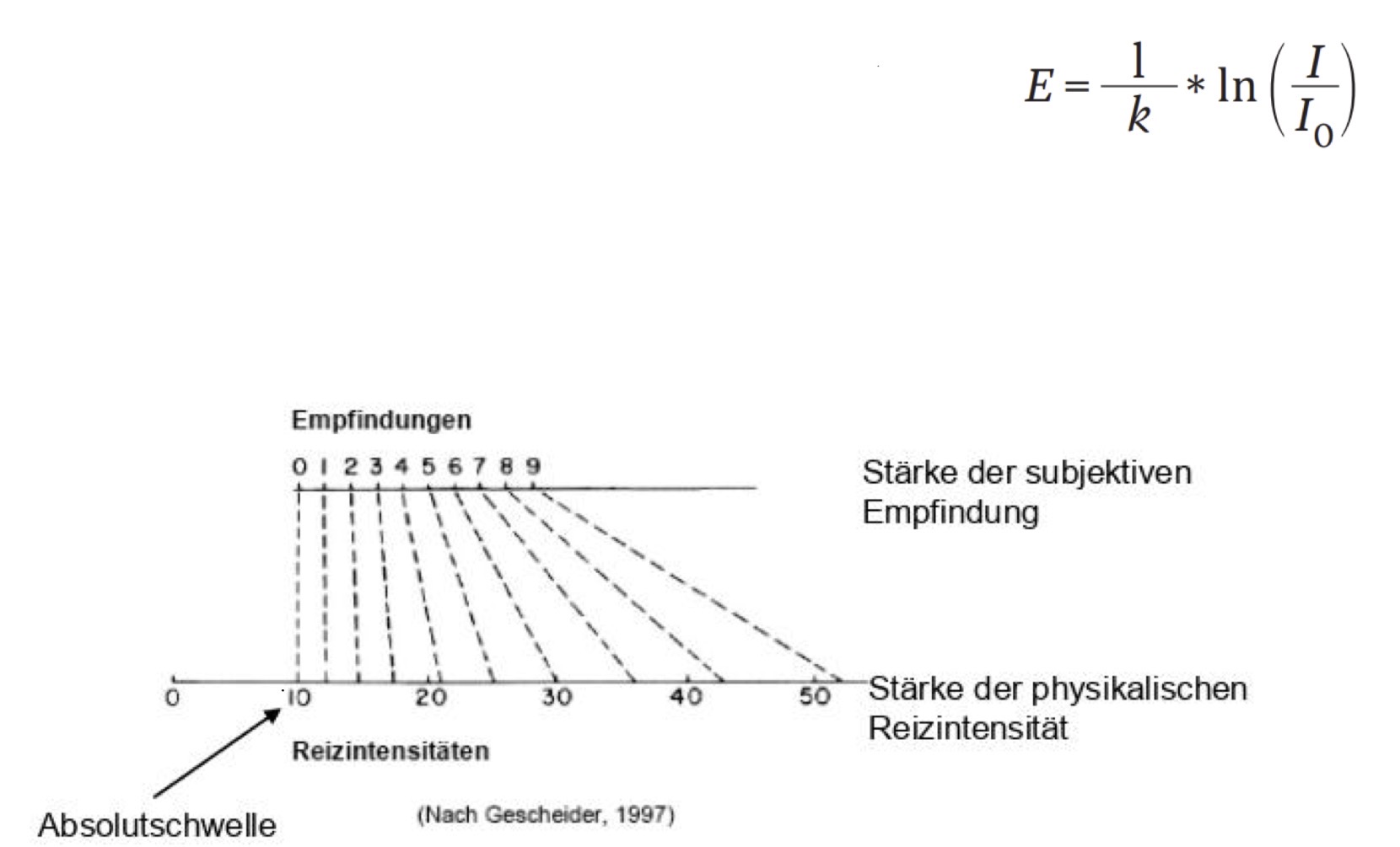 <ul><li><p>Allgemeine mathematische Beziehung zwischen physikalischer Reizintensität und Empfindungsstärke</p></li></ul><ul><li><p>Erweiterung des Weberschen Gesetz </p></li><li><p>Neben der Unterschiedschwelle wird auch als Absolutschwelle mit in die Gleichung aufgenommen </p></li></ul><p></p><ul><li><p>Weber-Fechnersches Gesetz, mathematisch formuliert:</p><ul><li><p>E ist dabei die Intensität der subjektiven Empfindung</p></li><li><p>k ist die Webersche Konstante</p></li><li><p>I ist die physikalische Reizintensität</p></li><li><p>I0 ist die Absolutschwelle</p></li></ul></li></ul><ul><li><p>Weber-Fechnersches Gesetz, in Worten formuliert:</p><ul><li><p>Um einen linearen Zuwachs der Empfindungsstärke zu erzielen, ist ein exponentieller Anstieg der Reizintensität erforderlich</p></li></ul></li></ul><p></p>