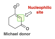 <p>Highly stabilized enolate that attacks α,β-unsaturated aldehyde</p>