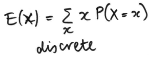 <ul><li><p><span style="background-color: transparent;">Expected value is the long-term average / typical value of a random variable</span></p><ul><li><p>its used as a decision-making rule</p></li></ul></li></ul><ul><li><p>Can extend to expected payoff:</p><ul><li><p>E[R] = ∑R(x)P(x=x)</p><ul><li><p>sum up the reward * event probability for all events x</p></li></ul></li></ul></li></ul><p></p>