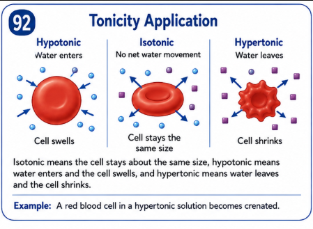 <p>Isotonic means the cell stays about the same size. Hypotonic means water enters and the cell swells. Hypertonic means water leaves and the cell shrinks. </p>