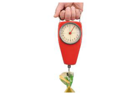 <p>A scientific instrument used to measure forces where the distance the spring stretches is related to the force pulling down on it.</p>