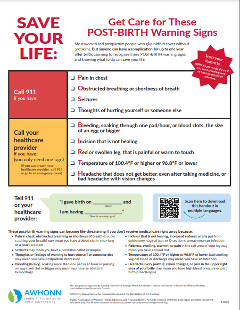 <ul><li><p>Temperature 100.4 or greater</p></li><li><p>Chills, malaise, and flu-like symptoms</p></li><li><p>Unrelieved pain in back, side, or incision</p></li><li><p>Bloody or purulent drainage from incision</p></li><li><p>No bowel movement for four days or longer</p></li><li><p>Frequent urgency or burning on urination</p></li><li><p>Hot, firm, red area of the breast</p></li><li><p>Persistent headache despite taking analgesics</p></li><li><p>Unilateral swelling in legs</p></li><li><p>Bleeding remains heavy despite rest</p></li><li><p>Saturating more than a pad in an hour</p></li><li><p>Passing multiple clots or clots egg size or bigger</p></li><li><p>Foul-smelling vaginal bleeding</p></li><li><p>Social withdrawal</p></li><li><p>Persistent baby blues or depression</p></li></ul><p></p>