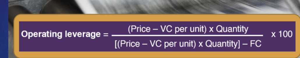 <p><strong>OL = total contribution / net profit</strong></p><p></p><p>OL = ((P- VC) x Q) / ((P-VC)xQ - FC))</p>