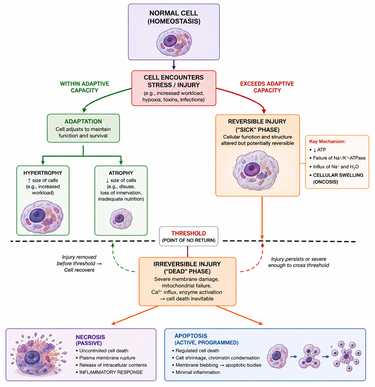 <ul><li><p>reversible injury </p></li><li><p>ultrastructural changes</p></li><li><p>threshold</p></li><li><p>irreversible injury </p></li></ul><p></p>
