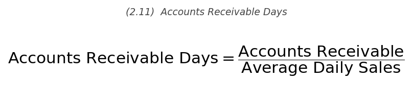<p>\text{AR Days} = \dfrac{\text{Accounts Receivable}}{\text{Average Daily Sales}}</p>