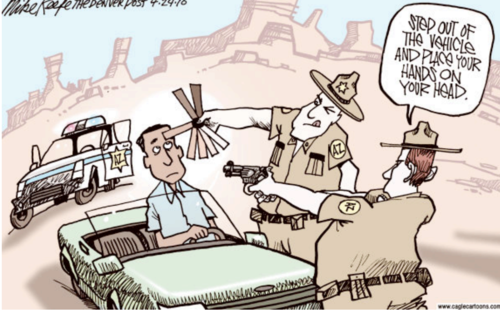 <p>Reinforced discrimination by racial profiling. Officers in Arizona were given skin tone placards to determine if they are undocumented are not based on skin tone. Guns in cartoon feed into “violence” stereotype. In convertible so they could see his skin tone while driving. </p>