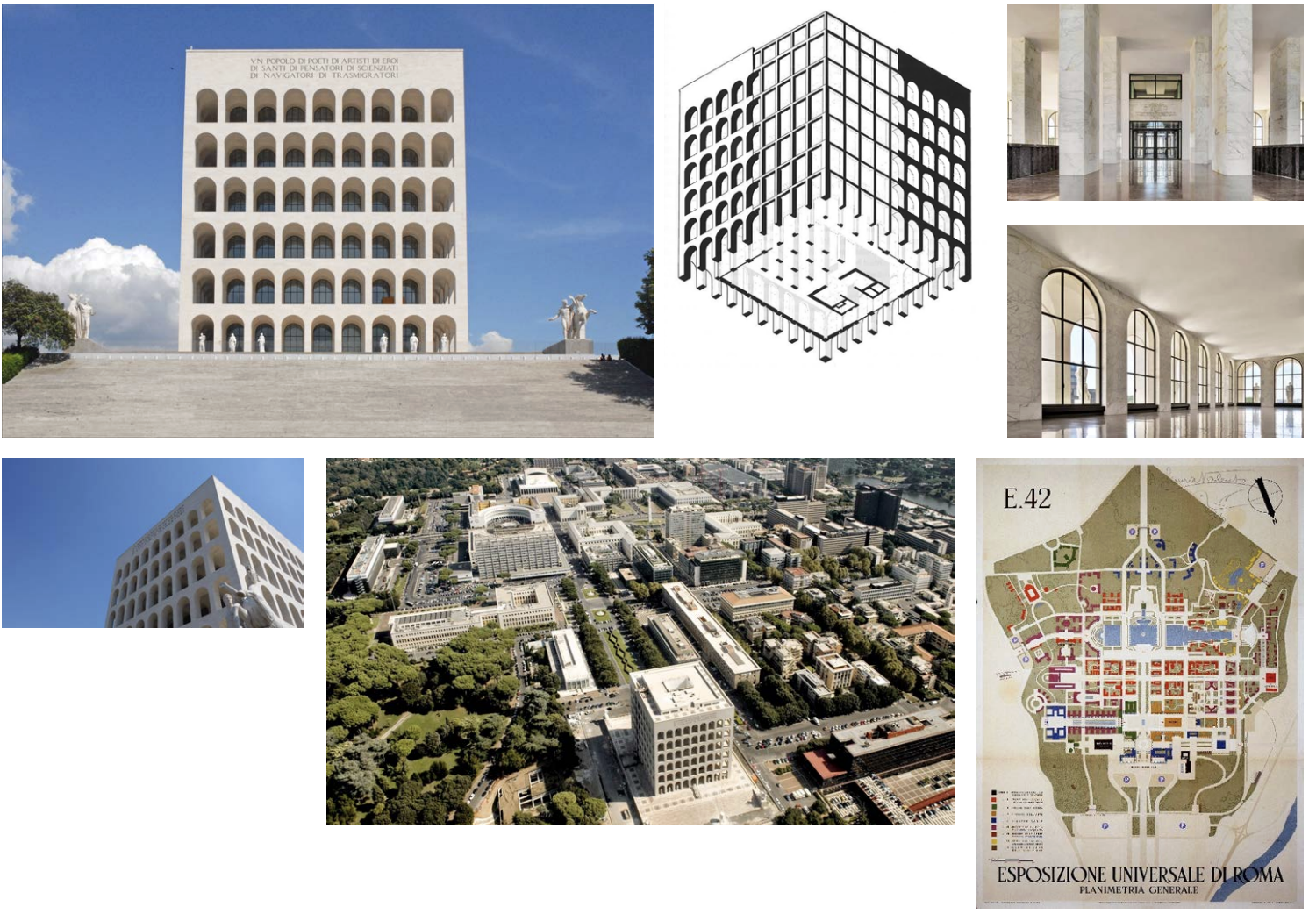 <p>Referred to as the square colosseum, galleries that show the many talents of the Italian people: arts, sciences, etc. Heroic sculpture done in travertine. Courtyard goes all the way to the roof for light and air for vast open halls. 216 arches. Concrete frame clad in travertine arches, exterior is just decoration. Controversial building, claimed by Fendi, Italian fashion designers in an Italian fascist building.</p>