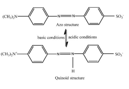 <p>base form (yellow) <span data-name="left_right_arrow" data-type="emoji">↔</span> comjugate acid form (red)</p>
