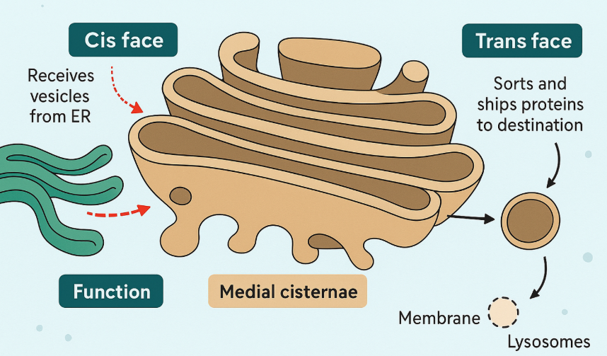 <p>An organelle that folds, modifies and packages proteins and lipids. It is made up of flattened sacs called cisternae </p>