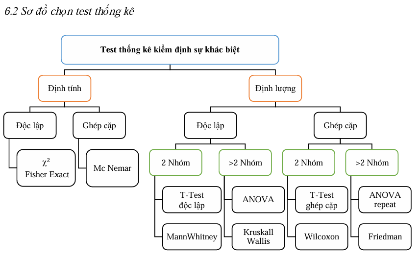 <p><strong>6.1. Các nguyên tắc sinh tử khi chọn test:</strong> Cần phải cân nhắc 6 yếu tố cốt lõi sau:</p><ul><li><p><code>Mục tiêu nghiên cứu</code><strong>:</strong> Đo lường sự khác nhau hay mối tương quan.</p></li><li><p><code>Số nhóm nghiên cứu</code><strong>:</strong> 1 nhóm, 2 nhóm hoặc > 2 nhóm.</p></li><li><p><code>Cỡ mẫu nghiên cứu</code><strong>:</strong> Nhỏ hay lớn.</p></li><li><p><code>Bản chất số liệu/loại biến</code><strong>:</strong> Định tính hay định lượng.</p></li><li><p><code>Phân bố mẫu</code><strong>:</strong></p><ul><li><p>Chuẩn hay không chuẩn <em>(Quyết định chọn test </em><code>tham số</code><em> - quan tâm tham số quần thể, hay test </em><code>phi tham số</code><em> - không quan tâm phân bố quần thể).</em></p></li></ul></li><li><p><code>Loại quan sát</code><strong>:</strong> Mẫu độc lập hay ghép cặp.<br></p></li></ul><p><strong>6.2. </strong><code>Sơ đồ tư duy phân loại Test thống kê kiểm định sự khác biệt</code><strong>:</strong></p><ul><li><p><code>Nhánh 1: Dành cho biến ĐỊNH TÍNH</code></p><ul><li><p>Mẫu <code>Độc lập</code>: Dùng test <code>Chi bình phương (χ²)</code> hoặc <code>Fisher Exact.</code></p></li><li><p>Mẫu <code>Ghép cặp</code>: Dùng test <code>Mc Nemar.</code></p></li></ul></li><li><p><code>Nhánh 2: Dành cho biến ĐỊNH LƯỢNG</code></p><ul><li><p><strong>Mẫu </strong><code>Độc lập</code><strong>:</strong></p><ul><li><p>So sánh <code>2 Nhóm</code>: Dùng <code>T-Test độc lập</code> hoặc <code>MannWhitney.</code></p></li><li><p>So sánh <code>>2 Nhóm</code>: Dùng <code>ANOVA</code> hoặc <code>Kruskall Wallis</code>.</p></li></ul></li><li><p><strong>Mẫu </strong><code>Ghép cặp</code><strong>:</strong></p><ul><li><p>So sánh <strong>2 Nhóm</strong>: Dùng <code>T-Test ghép cặp</code> hoặc <code>Wilcoxon.</code></p></li><li><p>So sánh <strong>>2 Nhóm</strong>: Dùng <code>ANOVA repeat</code> hoặc <code>Friedman.</code></p></li></ul></li></ul></li></ul><p></p>