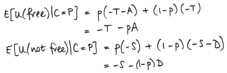 <p>E[utility(decision) | C=P] = probability*outcome cost for each option</p>