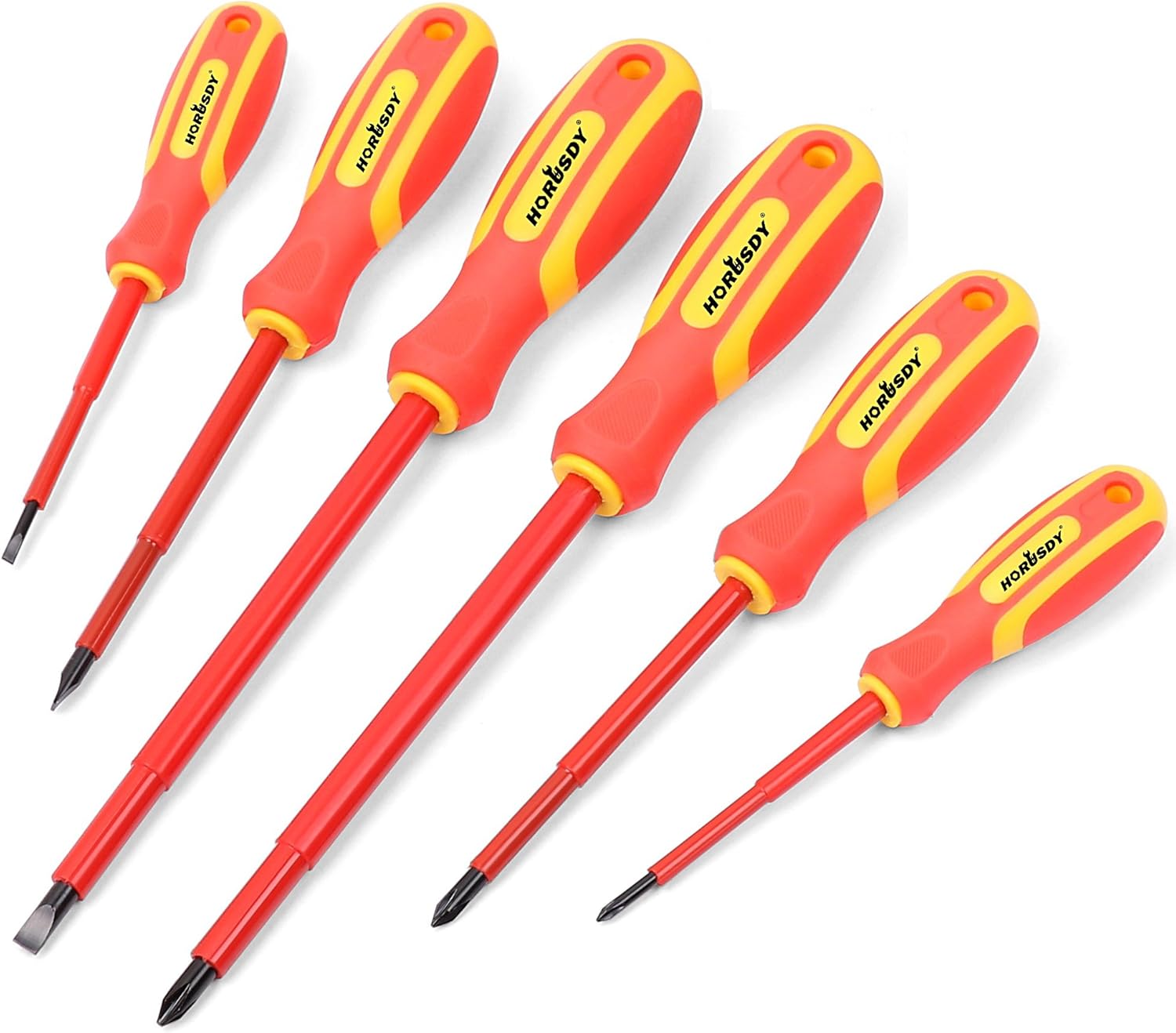 <p>Hand tools with metal shafts coated in thick plastic insulation and rubberized handles, designed to safely tighten or loosen screws.</p>