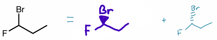 <p>when there are no wedges or dashes drawn, molecule represents racemic mixture (50:50) of enantiomers </p><ul><li><p>half R</p></li><li><p>half S</p></li></ul><p></p>
