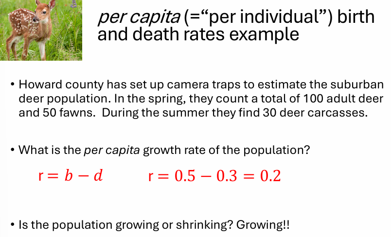 <p><strong>r = b - d</strong></p><ul><li><p>intrinsic growth rate &amp; rate of increase </p><ul><li><p>r > 0 → pop growing </p></li><li><p>r < 0 → pop shrinking</p></li><li><p>r = 0 → pop stable </p></li></ul></li></ul><p></p>