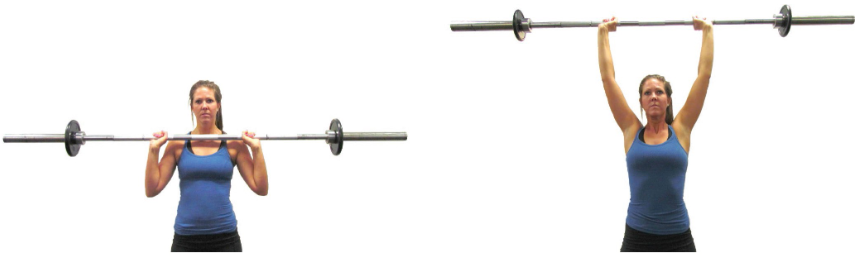 <ul><li><p>A.K.A. as overhead or military press</p></li><li><p>Barbell is held high in front of chest, with palms facing forward, feet comfortably spread, back & legs straight</p></li><li><p>Barbell is pushed upward until arms are fully flexed overhead Return to starting position</p><ul><li><p>open-kinetic chain exercise</p></li></ul></li></ul><p></p>