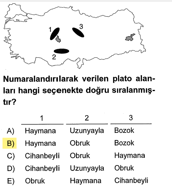 <p><strong>1 Numara (Ankara çevresi):</strong> Haymana Platosu.</p><p><strong>2 Numara (Tuz Gölü'nün güneyi):</strong> Obruk Platosu. (Burada yeraltı sularının çekilmesiyle oluşan "obruk" doğal oluşumları mevcuttur, ismi oradan gelir.)</p><p><strong>3 Numara (Yozgat çevresi):</strong> Bozok Platosu.</p>