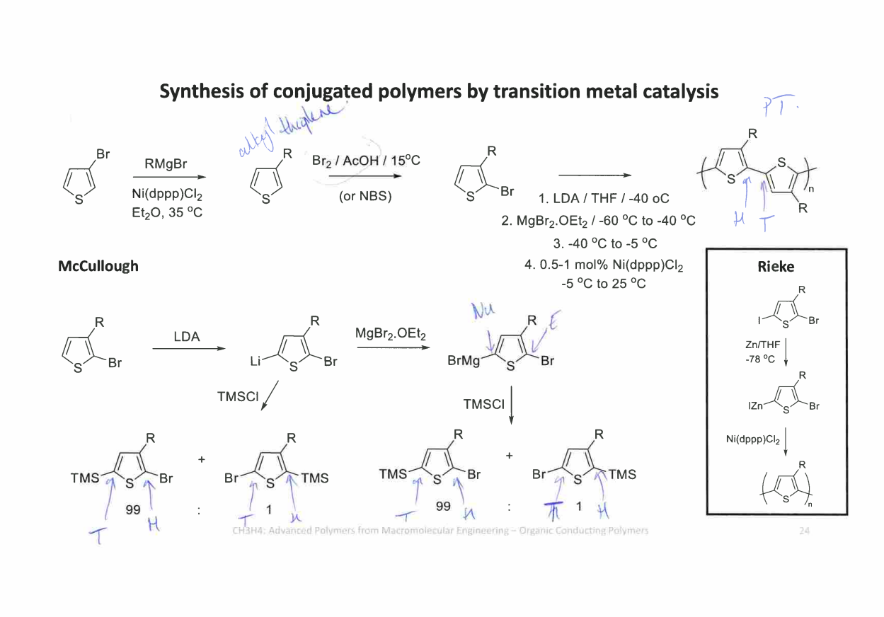 <p>The <strong>McCullough method</strong> is a transition-metal-catalysed polymerisation used to make <strong>highly regioregular head-to-tail (HT) polythiophene</strong>.</p><p>The monomer is first modified to introduce the correct reactive groups (Grignard reagent), then a <strong>Ni catalyst</strong> couples the monomers together.</p><p><strong>Why it's important:</strong></p><p>Instead of random linkages, it gives <strong>almost entirely HT linkages</strong>, producing:</p><ul><li><p>better chain packing,</p></li><li><p>better π-overlap,</p></li><li><p>higher conductivity.</p></li></ul><p></p>