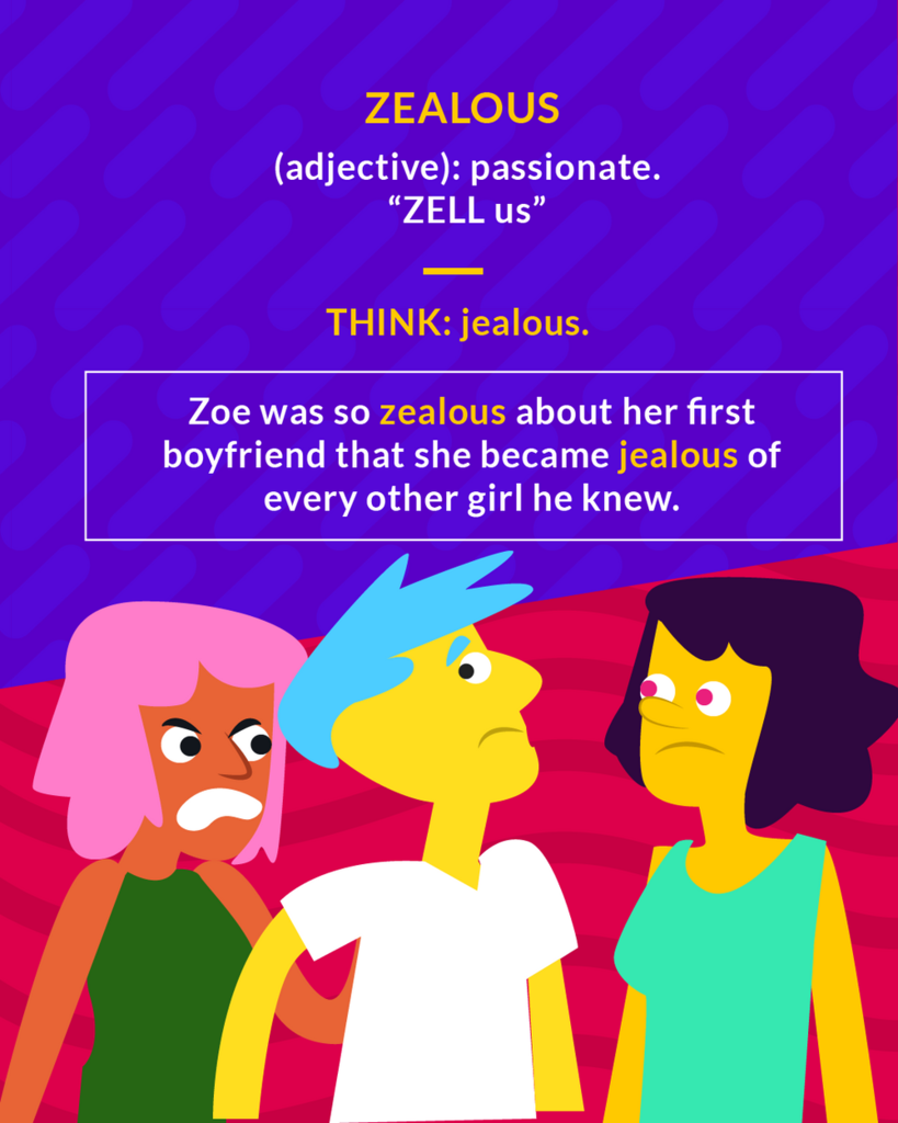 <p>(adj.) fervent, fanatical, passionate, enthusiastic</p><p>(adj.) very enthusiastic and devoted</p><p>(adj.) having or showing zeal</p>