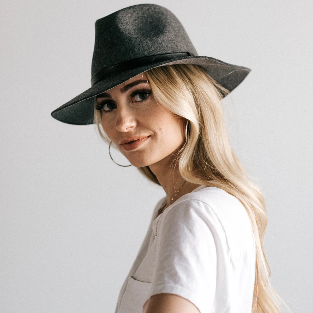 <p>What is this verb?<br></p><p>The woman is ______ing a hat.</p>