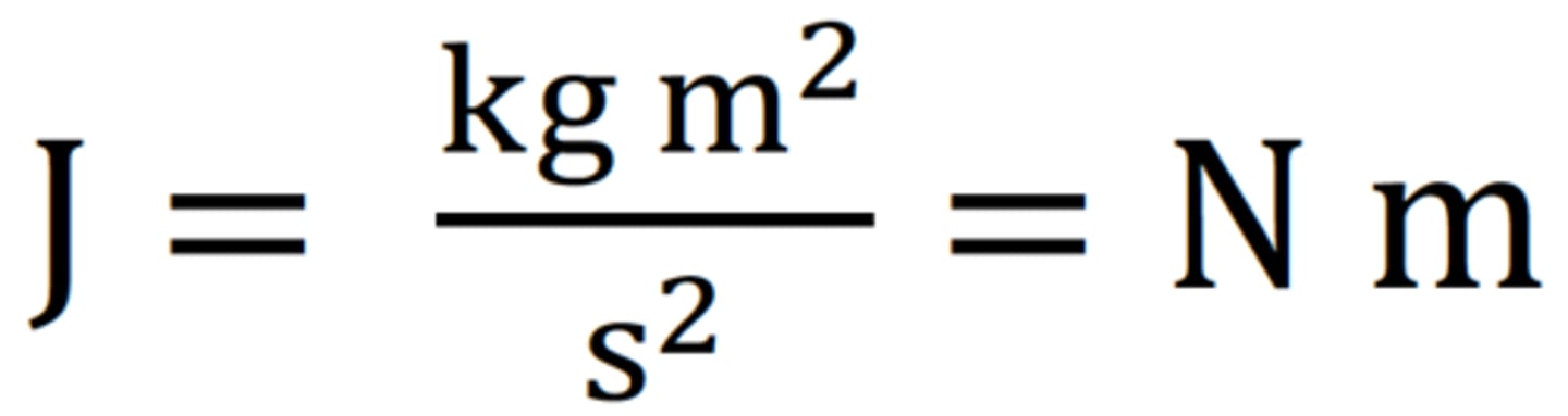 <p>J = kg/m^2 / s^2 = N m</p><p>Joules are units of energy</p><p>A joule is the amount of work you do when you exert a force of 1 newton to move an object a distance of 1 meter (1 newton meter or Nm)</p><p>https://www.khanacademy.org/science/physics/work-and-energy/work-and-energy-tutorial/v/introduction-to-work-and-energy</p>