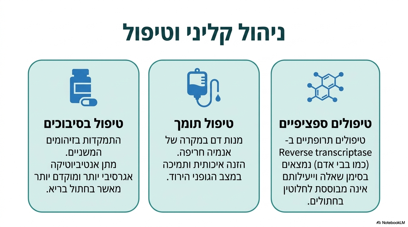<ul><li><p><strong>טיפול בסיבוכים:</strong> מתן טיפול תומך אינטנסיבי הכולל <strong>מנות דם, אנטיביוטיקה והזנה תומכת</strong>.</p></li><li><p><strong>טיפולים ספציפיים:</strong> יעילותם של טיפולים ספציפיים המעכבים את האנזים <strong>ריברס טרנסקריפטאז</strong> נמצאת תחת סימן שאלה גדול.</p></li><li><p><strong>חיסון:</strong> קיים חיסון בשוק, אך הוא מפריע לדיאגנוסטיקה ויעילותו אינה ברורה.</p></li></ul><p></p>