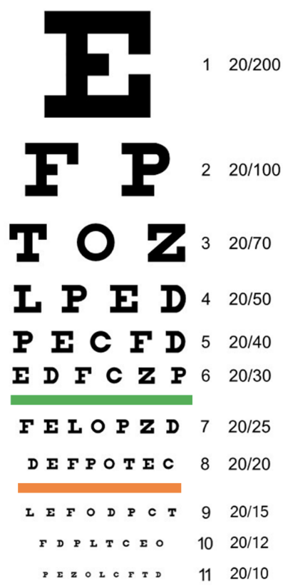 <ul><li><p>Traditional method of identifying the presence of a refractive error but can not distinguish between types of refractive errors —> can only give a general idea of the severity of a deficit</p></li><li><p>Is the source of the 20/20 vision</p></li><li><p>Procedure:</p><ul><li><p>standing 20 feet away from the chart</p></li><li><p>subject then reads the smallest line of text that they are able to distinguish, any error is considered a failure to read the line</p></li><li><p>each line is assigned a distance —> the assigned distance is how far away a person with emmetropic (normal) vision would be able to stand and read the line clearly</p></li></ul></li></ul><p></p>