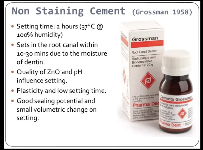 <ul><li><p>2 hour set time</p></li><li><p>within root canal 10-30 min → moisture of dentin</p></li></ul><p></p>