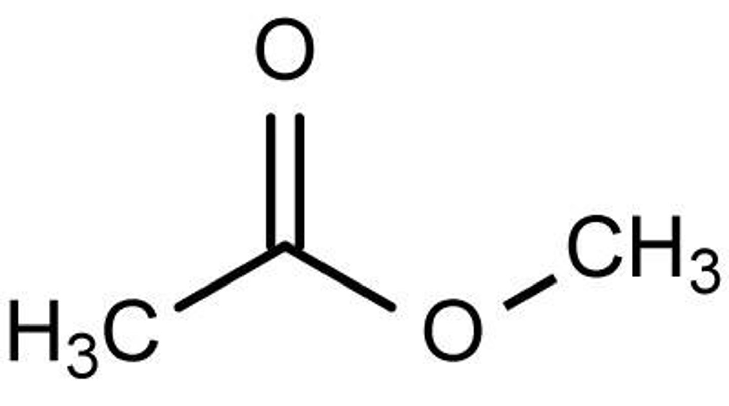 <p>[RCOOR]</p><p>-"oate" (term with it is at end of name)</p><p>(ex. methyl ethanoate)</p><p>(diff. than ether b/c carbonyl group)</p>