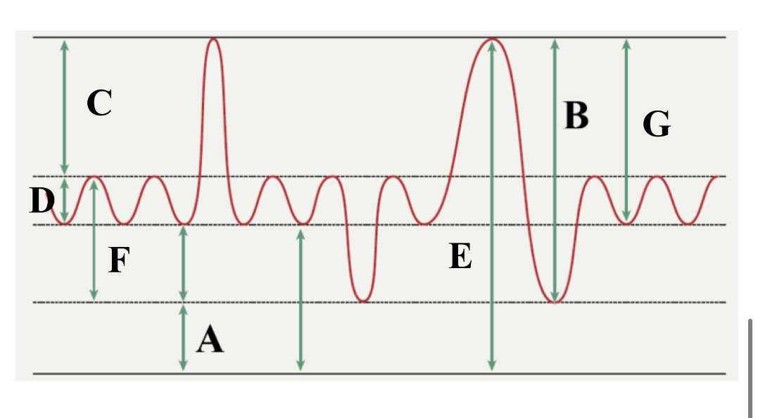 <p><span style="background-color: transparent;"><strong>A:</strong> residual volume (RV)</span></p><p><span style="background-color: transparent;"><strong>B:</strong> vital capacity (VC)</span></p><p><span style="background-color: transparent;"><strong>C: </strong>inspiratory reserve volume (IRV)</span></p><p><span style="background-color: transparent;"><strong>D: </strong>tidal volume (TV)</span></p><p><span style="background-color: transparent;"><strong>E: </strong>total lung capacity (TLC)</span></p><p><span style="background-color: transparent;"><strong>F:</strong> expiratory capacity (EC)</span></p><p><span style="background-color: transparent;"><strong>G:</strong> inspiratory capacity (EC)</span></p>
