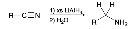 <p>use H2O (rather than H3O+) for the workup step, because the product of this reaction is an amine, and we want to avoid protonating the amine. Using H3O+ for the workup step would result in an ammonium ion (RNH3 +)</p>