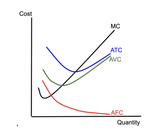 <p><span style="line-height: 1.5rem;"><span>MC: Always go down and back up (Nike)</span><span><br></span><span>ATC: Go down, hit a minimum at MC, and go up</span><span><br></span><span>AVC: Go down below the ATC, then go up and close to the ATC</span><span><br></span><span>AFC: Downwards decreasing</span></span></p><p><span style="line-height: 1.5rem;"><span>AFC not that important, AVC only when figuring out shutdown costs</span><em><span><br></span></em><span>So the most important curves are the MC and ATC!</span></span></p><p><span style="line-height: 1.5rem;"><span>MC: tells you how much to produce</span><span><br></span><span>ATC: tells you how much loss or profit you are making</span></span></p>