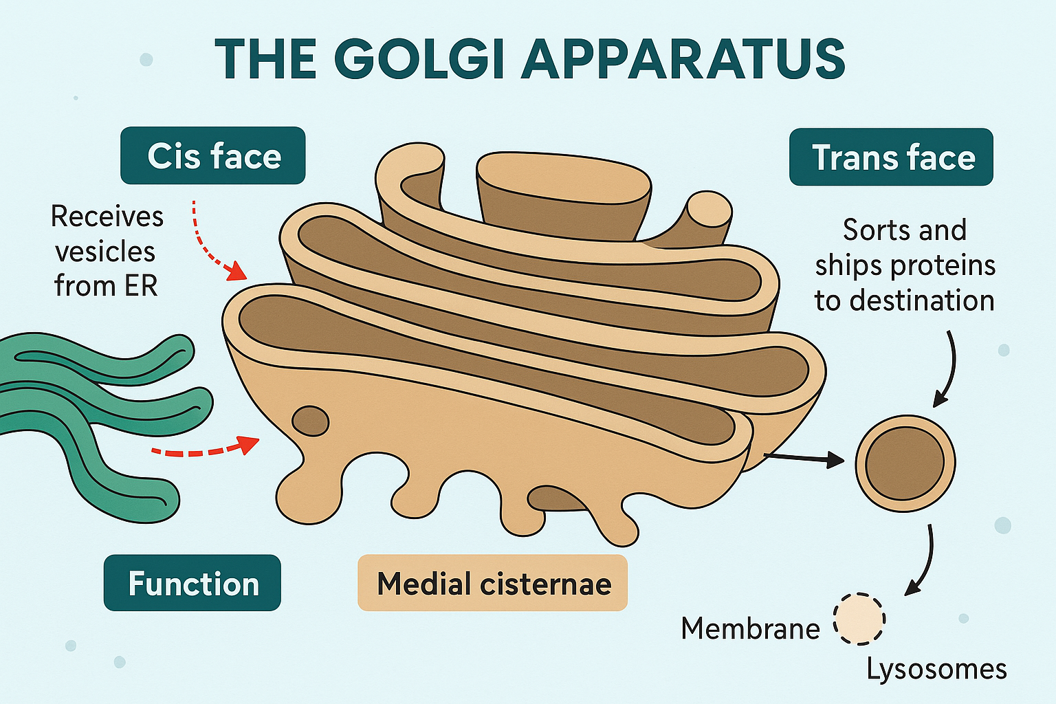<p>protein modification and transport - packages them into vesicles for exocytosis or endocytosis.</p><ol><li><p><strong>lysosomes </strong>(created by the golgi apparatus): contains digestive enzymes. work as garbage disposal/recycling center</p></li></ol><p></p>