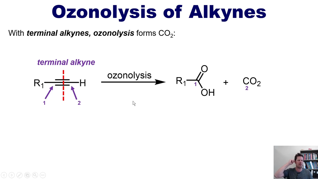 <p>It will turn The non-terminal alkyne into carboxylic acid, and the terminal one into CO2,</p><p></p><p>much like KMnO4 under acidic conditions and terminal alkenes</p>