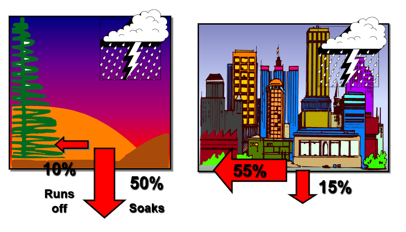 <p>Urban settings <span style="background-color: transparent;">have more impervious surfaces, like parking lots, rooftops, and roads. Due to these hard surfaces, there is less infiltration, leading to more runoff.</span></p>