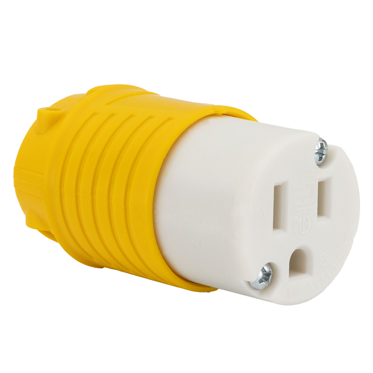 <p>Female electrical connector designed to receive a cord cap (male plug), providing a safe receptacle interface for extension cords and power tool connections.</p>