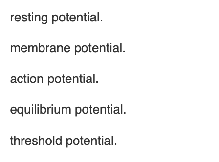 <p><span>The maximum membrane potential that an ion gradient can produce is the</span></p>