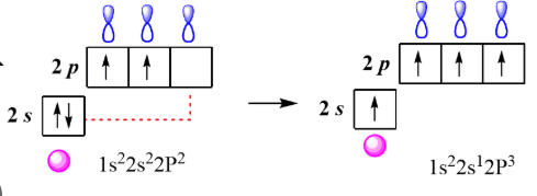 <p>carbon must promote an electron </p><ul><li><p>an electron in the ‘s’ orbital is promoted to the empty ‘p’ orbital </p></li></ul><p></p>