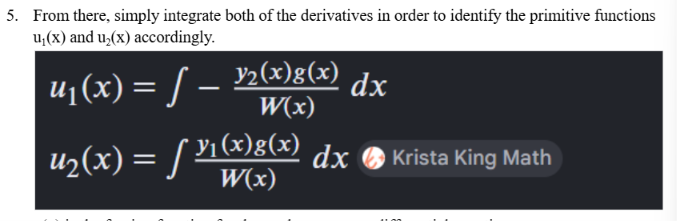<p>y<sub>1</sub>(x), y<sub>2</sub>(x) → complementary solution sets</p><p>g(x) → forcing function </p><p>W(x) → Wronskian of both y<sub>1</sub>(x) and y<sub>2</sub>(x) </p>