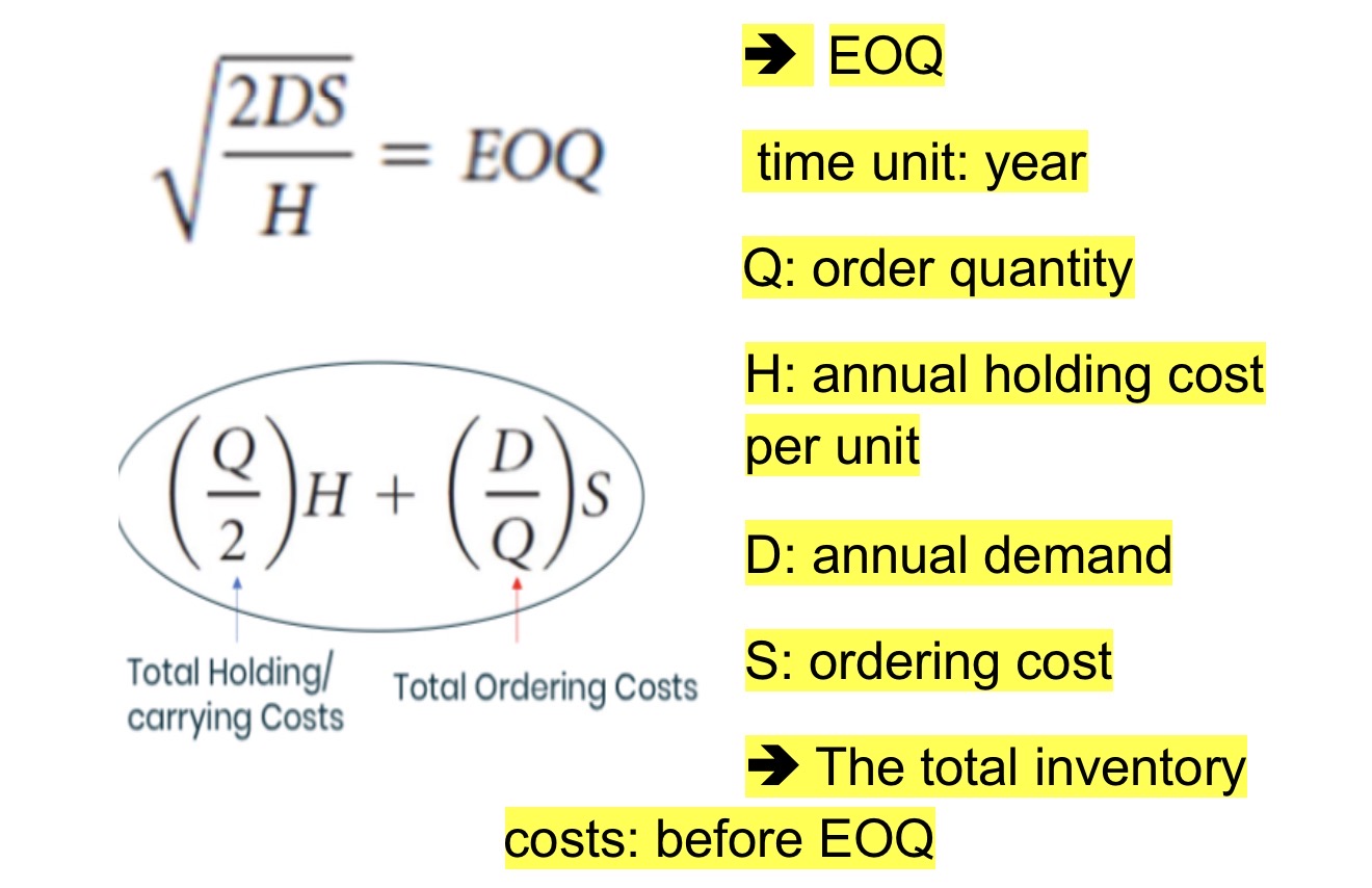 <p><span><span>The EOQ deals with calculating the proper order size with respect to 2 costs:</span></span></p><p><span><span>-&nbsp;&nbsp;&nbsp;&nbsp;&nbsp;&nbsp; The cost of carring/holding the inventory</span></span></p><p><span><span>-&nbsp;&nbsp;&nbsp;&nbsp;&nbsp;&nbsp; The cost of ordering the inventory</span></span></p><p><span><span>EOQ determines the order quantity at which the sum of carrying costs and ordering costs is </span><strong><span>minimized</span></strong><span>, other way is </span><strong><span>the carrying and ordering costs are equal</span></strong></span></p>
