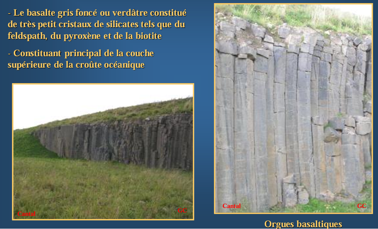 <p>Le basalte est une roche ignée extrusive, généralement sombre, gris foncé à verdâtre, formée par refroidissement rapide de la lave. Il est composé de très petits cristaux de minéraux silicatés, comme le feldspath, le pyroxène et parfois la biotite. Comme il se solidifie rapidement, sa texture est fine. Il est typique des régions volcaniques et de nombreuses structures de surface.</p>