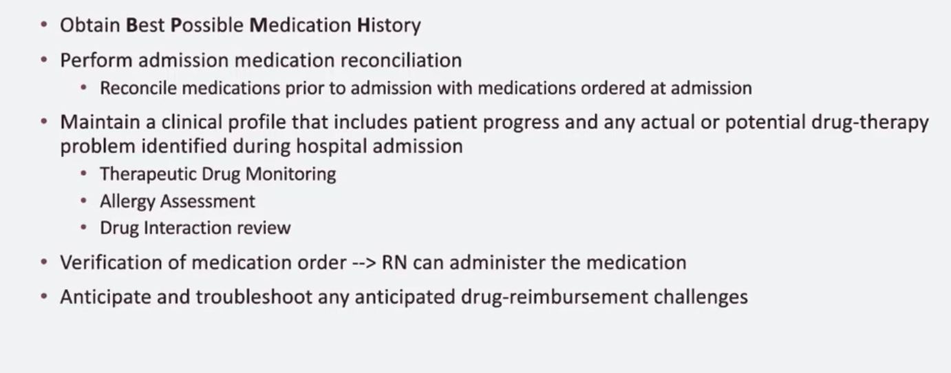 <ul><li><p>team of 9 inpatient pharmacist to look over patients </p></li><li><p>look for therapeutic drug monitoring and issues for drug to drug inteaction </p></li></ul><p></p>